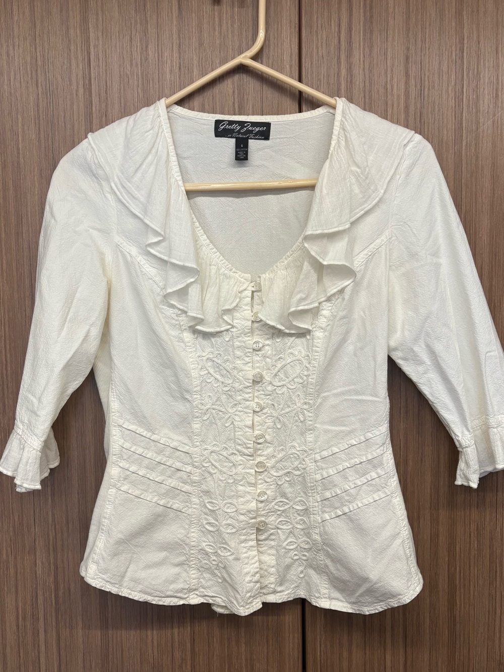 Cream Ruffle-Trim Button Front Blouse